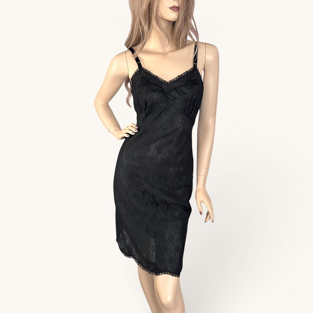 Vintage 1960s Black Lace Slip Dress Nylon Tulip Applique New Old Stock XS - Picture 6 of 8